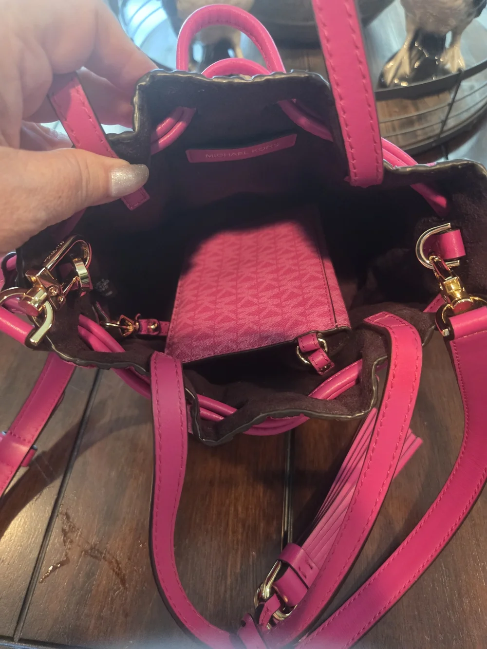 Michael Kors Pink Drawstring Pleated Bucket Bag Raspberry Signature Crossbody.